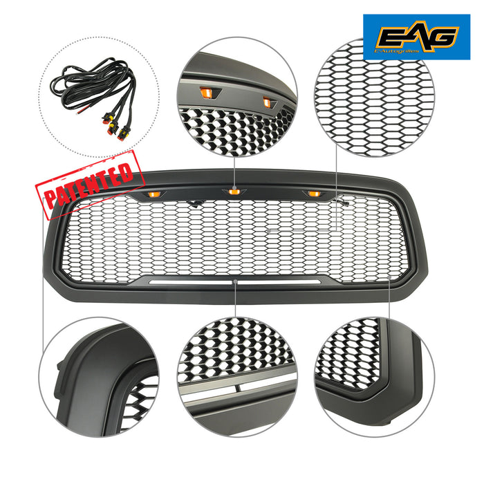 EAG Replacement Front Grille Upper Grill - Matte Black - with Amber LED Lights Fit for 13-18 Ram 1500 PN# 13DGAG03