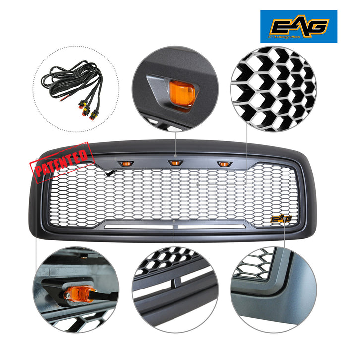 EAG Replacement ABS Upper Grille LED Front Grill - Charcoal Gray - with Amber LED Lights Fit for 02-05 Ram 1500/2500/3500 PN# 02DGAG02