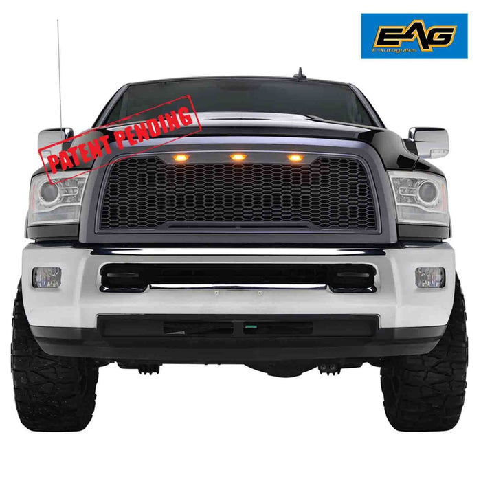 EAG Replacement Ram ABS Upper Grille Front Hood Grill - Charcoal Gray - With Amber LED Lights for 13-18 Dodge Ram 2500/3500 Heavy Duty PN# ZI017C