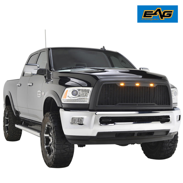 EAG Replacement ABS Upper Grille Front Hood Grill - Matte Black - with Amber LED Lights Fit for 13-18 Ram 2500/3500 Heavy Duty PN# 13DGAG01