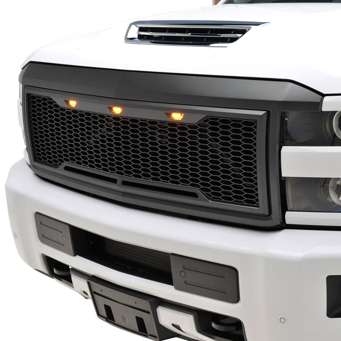 EAG Replacement Upper Grille ABS Mesh Grill With Amber LED Lights - Matte Black - for 15-19 Chevy Silverado 2500 3500 Heavy Duty PN# ZI028B