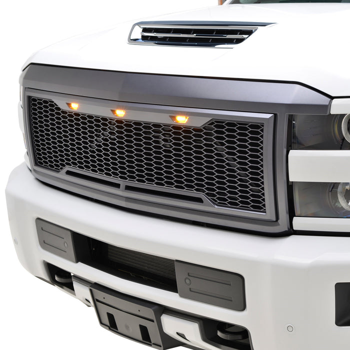 EAG Replacement Upper Grille ABS Front Grill With Amber LED Lights - Charcoal Gray - for 15-19  Silverado 2500 3500 Heavy Duty PN# ZI028C