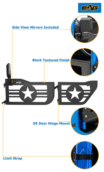 EAG Military Star Tubular 4 Door with Side View Mirror Fit for 07-18 Wrangler JK 4 Door Only PN# JJKTD014