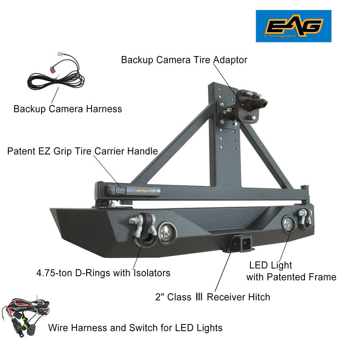 EAG LED Rear Bumper with EZ Grip Tire Carrier and Tire Adapter Fit for 18-20 Wrangler JL PN# JJLRB003+JJLTC00