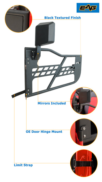 EAG Safari Tubular Door Black with Side View Mirror Fit for 18-22 Wrangler JL 2 Door PN# JJLTD001