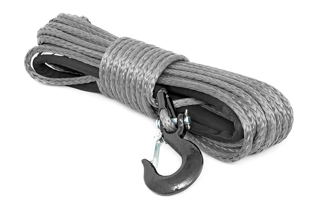 Synthetic Rope 85 Feet Rated Up to 16,000 Lbs 3/8 Inch Includes Clevis Hook and Protective Sleeve Grey Rough Country #RS117